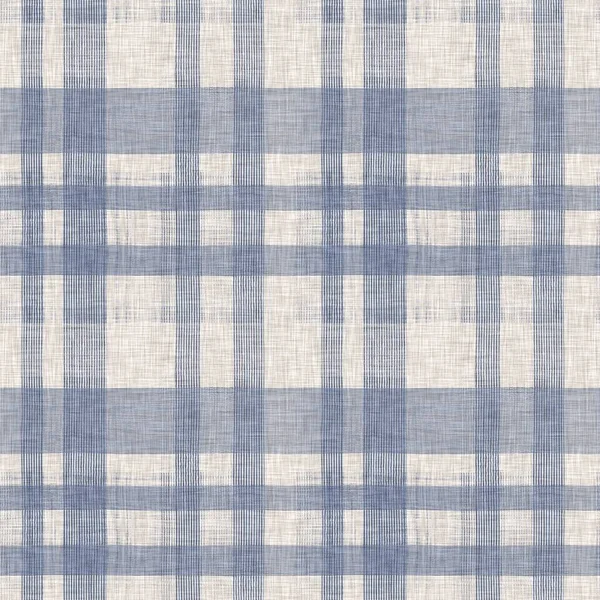 French farmhouse woven blue plaid check seamless linen pattern. Rustic tonal country kitchen gingham fabric effect. Tartan cottage 2 tone gray background material texture. — Stock Photo, Image