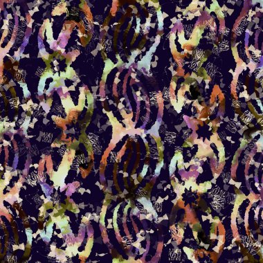 Egzotik renkli boho benekli kamuflaj saçılma izi. Kusursuz sonbahar koyu zemin detaylı tekrarlama deseni.