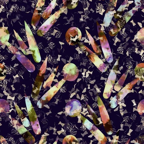 Exotische veelkleurige boho gevlekte camouflage scatter print. Naadloze herfst donkere grond gedetailleerde herhaling patroon. — Stockfoto