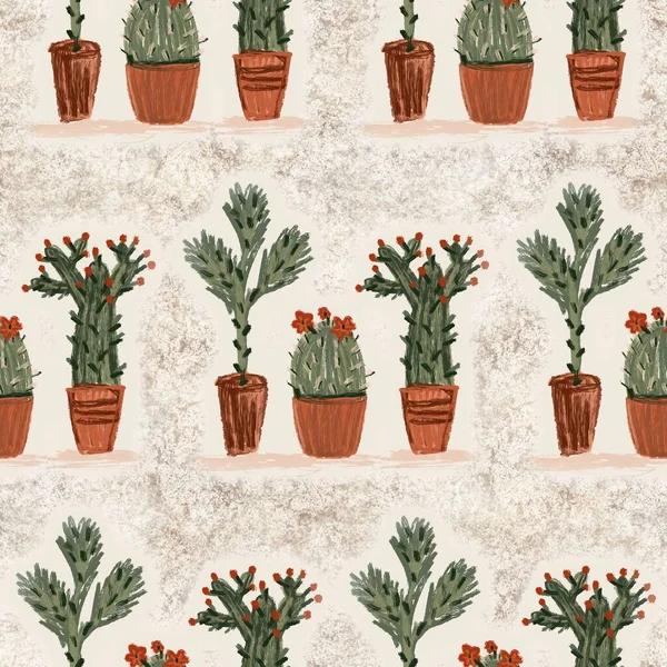 Westlicher Kaktus auf Sand strukturiert nahtloses Rastermuster. Bio-Wüstensaftpflanze für fliesbare böhmische Illustrationskulisse. — Stockfoto