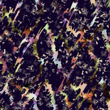 Egzotik renkli boho benekli kamuflaj saçılma izi. Kusursuz sonbahar koyu zemin detaylı tekrarlama deseni.