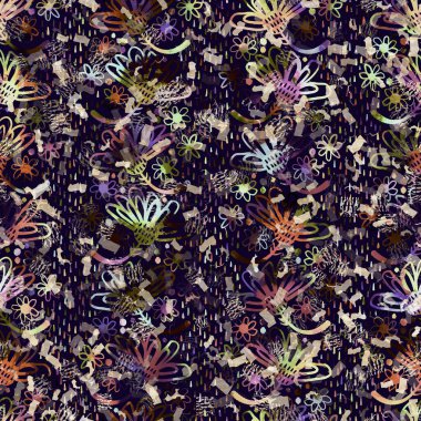 Egzotik renkli boho çiçekli kamuflaj izi. Kusursuz sonbahar koyu zemin detaylı tekrarlama deseni.
