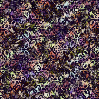 Egzotik renkli boho çiçekli kamuflaj izi. Kusursuz sonbahar koyu zemin detaylı tekrarlama deseni.