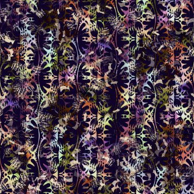 Egzotik renkli boho benekli kamuflaj saçılma izi. Kusursuz sonbahar koyu zemin detaylı tekrarlama deseni.