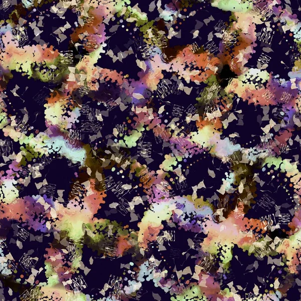 Egzotik renkli boho benekli kamuflaj saçılma izi. Kusursuz sonbahar koyu zemin detaylı tekrarlama deseni.