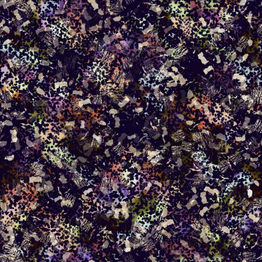 Egzotik renkli boho benekli kamuflaj saçılma izi. Kusursuz sonbahar koyu zemin detaylı tekrarlama deseni.