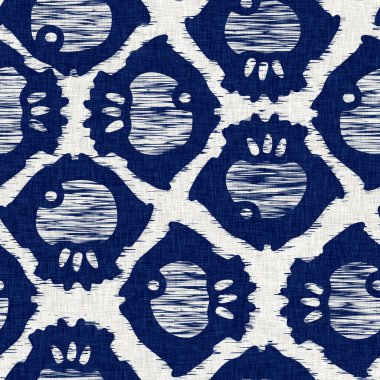 İndigo boyalı kumaş jeo şekil dokusu. Kusursuz tekstil kumaş boyası baskıya dayanıklıdır. Japon kimono bloğu baskısı. Yüksek çözünürlüklü batik etkisi 