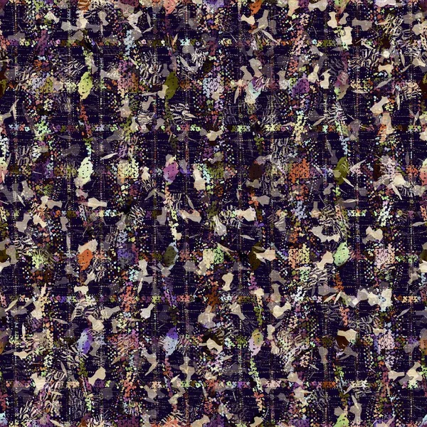 Exotische veelkleurige boho gevlekte camouflage scatter print. Naadloze herfst donkere grond gedetailleerde herhaling patroon. — Stockfoto