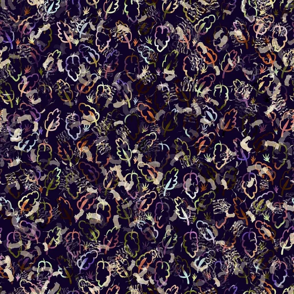 Egzotyczny wielobarwny boho kwiatowy odcisk kamuflażu. Płynny jesienny ciemny grunt szczegółowy powtarzający się wzór. — Zdjęcie stockowe