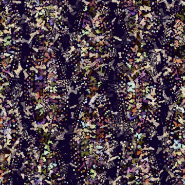 Egzotik renkli boho benekli kamuflaj saçılma izi. Kusursuz sonbahar koyu zemin detaylı tekrarlama deseni.