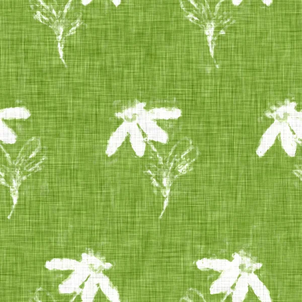 Hand drawn flower motif linen texture. Whimsical garden seamless pattern. Modern spring doodle floral nature textile for home decor. Botanical scandi style rustic green all over print. — Stock Photo, Image