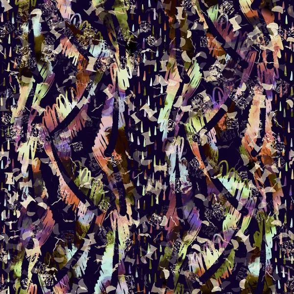 Exotic multicoloured boho mottled camouflage scatter print. Seamless autumnal dark ground detailed repeat pattern. — Stock Photo, Image