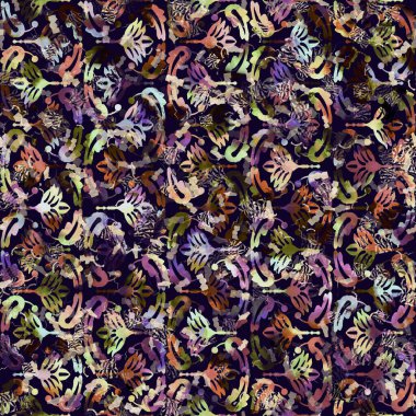 Egzotik renkli boho çiçekli kamuflaj izi. Kusursuz sonbahar koyu zemin detaylı tekrarlama deseni.