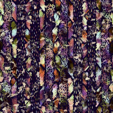 Egzotik renkli boho çizgili çizgi izi. Kusursuz sonbahar karanlık zemini detaylı tekrarlama kalıbı. Zarif doğrusal suluboya aralıklı boyalı. Yumuşak döşeme kumaşı veya kış modası tekstili.