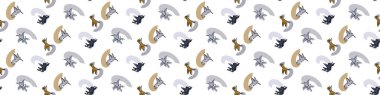 Soyut, erkeksi, uğultulu kuş sınırı. Geçmişe dönük çocuklar için kusursuz modern kolaj tasarımı. Moda ev dekorasyonu, çocuk modası, vektör tekrarlı duvar kağıdı.