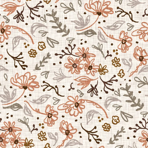 Seamless linen doodle floral pattern background. Calm boho earthy tone color wallpaper. Simple modern scandi unisex flower design. Organic childish gender neutral baby all over print. Hand drawn. — Stock Photo, Image