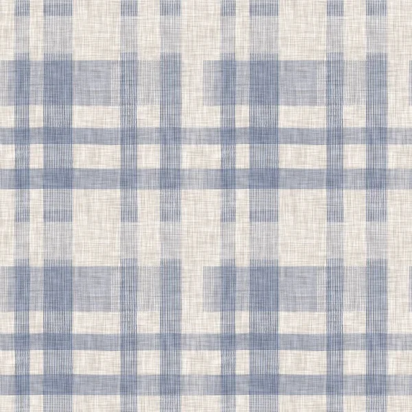 French farmhouse woven blue plaid check seamless linen pattern. Rustic tonal country kitchen gingham fabric effect. Tartan cottage 2 tone gray background material texture. — Stock Photo, Image