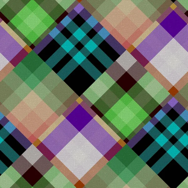 Padrão de algodão xadrez madras diagonais patchwork. Tecido de colcha sem costura efeito de linho verificar fundo. — Fotografia de Stock