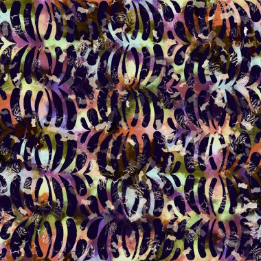 Egzotik renkli boho benekli kamuflaj saçılma izi. Kusursuz sonbahar koyu zemin detaylı tekrarlama deseni.