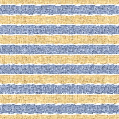 Kusursuz Fransız kırsal mutfak çizgili kumaş deseni. Mavi sarı beyaz yatay çizgili arka plan. Batik Boyası Kaynak Stili Kırsal Örgü Cottagecore Tekstili. 