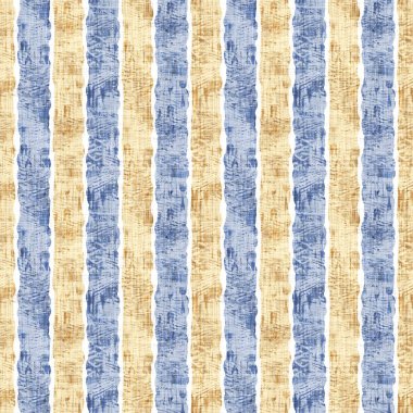 Kusursuz Fransız kırsal mutfak çizgili kumaş deseni. Mavi sarı, beyaz, dikey çizgili arka plan. Batik Boyası Kaynak Stili Kırsal Örgü Cottagecore Tekstili. 