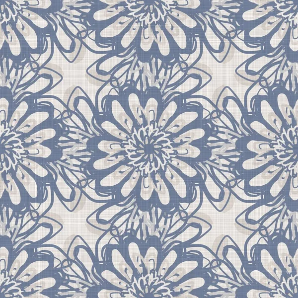Французький синій візерунок з квітковим льняним полотном з 2-тонним канцотажним стилем ботанічного мотиву. Простий вінтажний текстильний ефект із сільської тканини. Примітивний сучасний потертий шикарний дизайн. — стокове фото