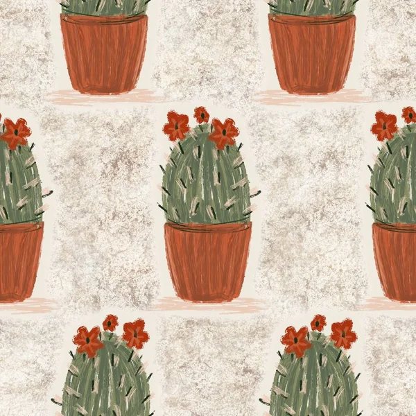 Westlicher Kaktus auf Sand strukturiert nahtloses Rastermuster. Bio-Wüstensaftpflanze für fliesbare böhmische Illustrationskulisse. — Stockfoto