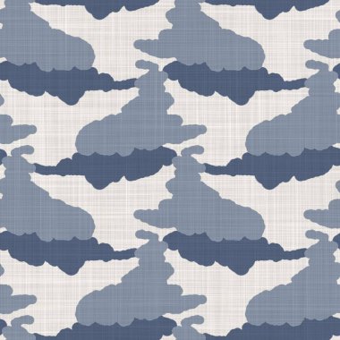 Fransız mavisi karalama motifli keten desenli. Tonal kır evi tarzı soyut karalama motifi arka planı. Basit bir kırsal kumaş tekstil etkisi. İlkel, pejmürde, şık bir kumaş..