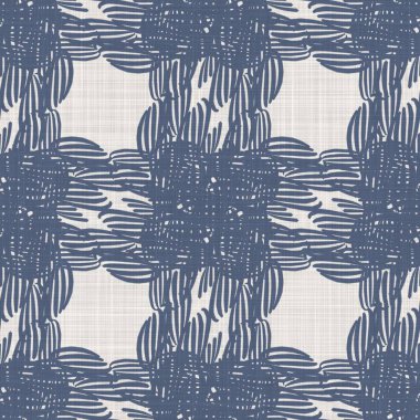 Fransız mavisi geometrik keten desenli. Tonal çiftlik evi tarzı soyut şebeke arka planı. Basit bir kırsal kumaş tekstil etkisi. İlkel, eski püskü, şık mutfak bezi tasarımı..
