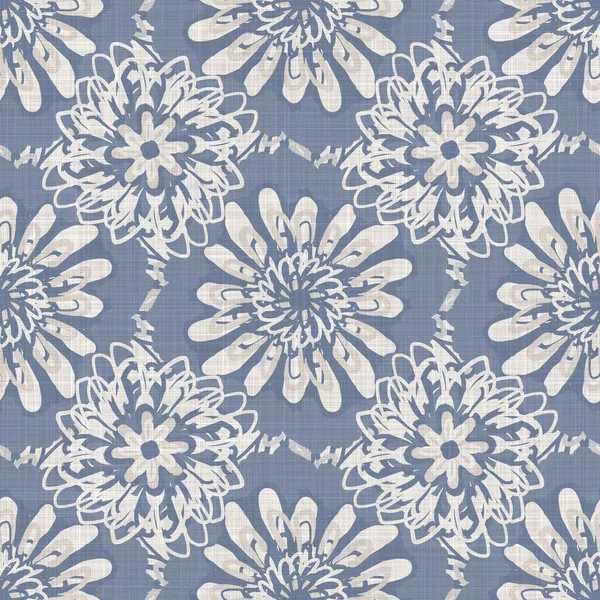 Francuski niebieski kwiat bielizny bezszwowy wzór z 2 ton stylu domek botaniczny motyw. Proste vintage tkaniny rustykalne efekt włókienniczy. Prymitywny nowoczesny, nędzny elegancki design. — Zdjęcie stockowe