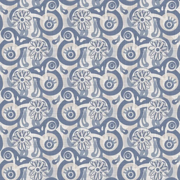 フレンチブルーのドアモチーフリネンシームレスパターン。伝統的なカントリーコテージスタイルの抽象的なスクリブルモチーフの背景。シンプルなヴィンテージ素朴な生地のテキスタイル効果。原始的な描画みすぼらしいシックな布. — ストック写真