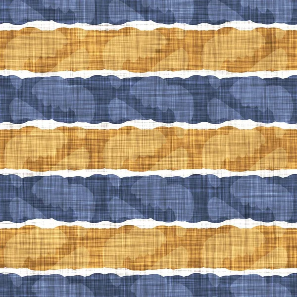 Seamless French country kitchen stripe fabric pattern print. Blue yellow white horizontal striped background. Batik dye provence style rustic woven cottagecore textile. — Stock Photo, Image