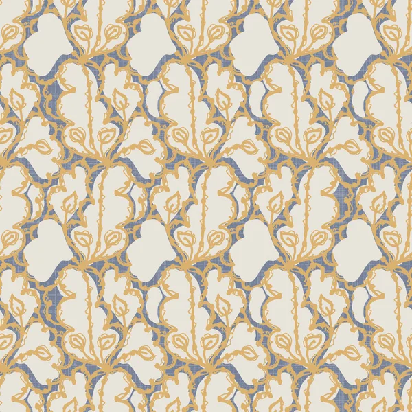 Französisch blau Blumen Leinen nahtloses Muster mit 2 Ton Landhaus Stil botanisches Motiv. Einfache Vintage rustikalen Stoff Textil-Effekt. Primitives modernes Shabby Chic Design. — Stockvektor