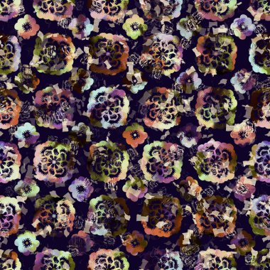 Egzotik renkli boho çiçekli kamuflaj izi. Kusursuz sonbahar koyu zemin detaylı tekrarlama deseni.