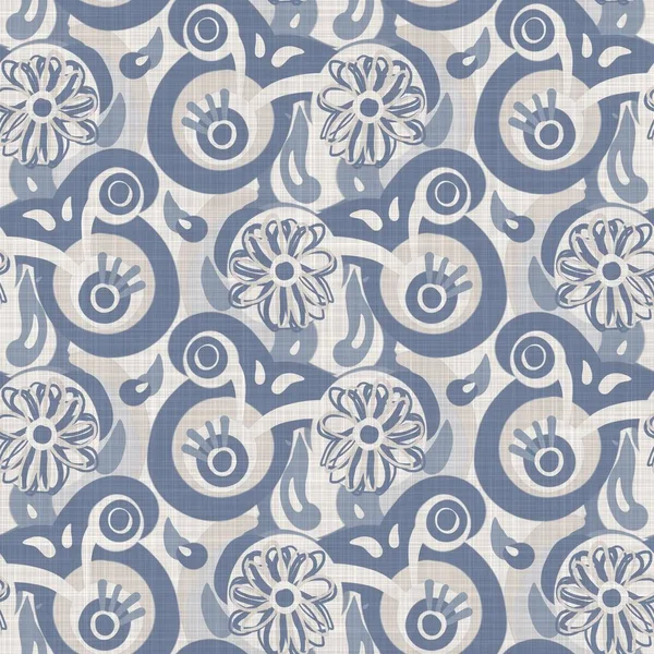 Frans blauw bloemenlinnen naadloos patroon met 2 kleuren landhuis stijl botanisch motief. Eenvoudige vintage rustieke stof textiel effect. Primitief modern shabby chic design. — Stockfoto