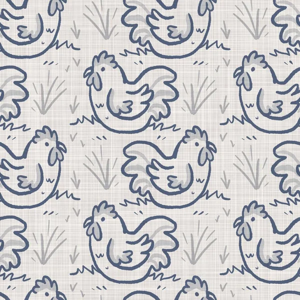 農家の青い鶏のリネンシームレスなパターン。背の高いフランスのカントリーコテージスタイルのファーム動物の背景。シンプルなヴィンテージ素朴な生地のテキスタイル効果。スタイリッシュな自然みすぼらしいシックなキッチンクロス. — ストック写真