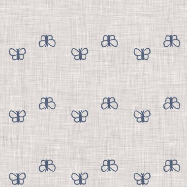 Çiftlik evi mavi kelebek keten desenli. Tonal Fransız kır evi tarzı çiftlik hayvanı geçmişi. Basit bir kırsal kumaş tekstil etkisi. Şekil verilmiş doğa, pejmürde, şık mutfak örtüsü..