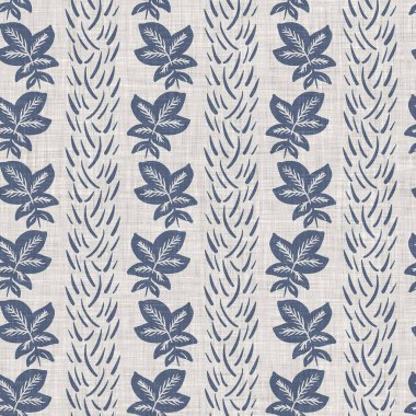 Fransız mavi botanik yaprağı keten desenli ve 2 tonluk kır evi motifli. Basit bir kırsal kumaş tekstil etkisi. İlkel, eski püskü, şık mutfak bezi tasarımı..