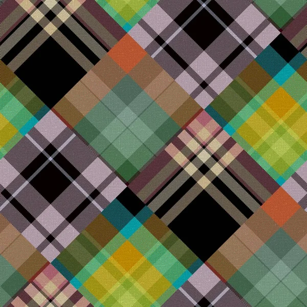 Padrão de algodão xadrez madras diagonais patchwork. Tecido de colcha sem costura efeito de linho verificar fundo. — Fotografia de Stock