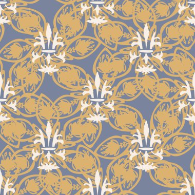 Fransız fleur de lis kraliyet zambağı kusursuz desen. Çiftlik evi geçmişi. Zambaklar çiçeklenir, motif gelişir, kırsal damaske takılır..