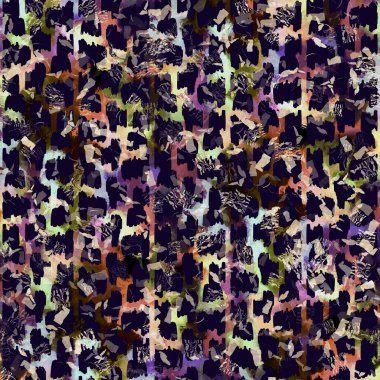 Egzotik renkli boho benekli kamuflaj saçılma izi. Kusursuz sonbahar koyu zemin detaylı tekrarlama deseni.