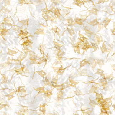 Altın metalik el yapımı pirinç kağıdı dokusu. Kusursuz washi tabakası ve altın bulanık metal pulları. Modern düğün dokusu, zarif kırtasiye ve asgari Japon tarzı tasarım unsurları için..