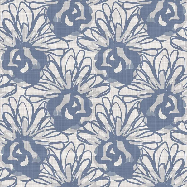 Francês azul floral linho sem costura padrão com 2 tom estilo cottage país motivo botânico. Vintage simples efeito têxtil tecido rústico. Primitivo design chique shabby moderno. — Fotografia de Stock