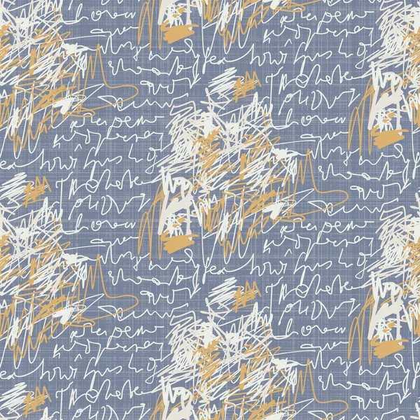 Французский синий каракули мотив льняной бесшовный узор. Тональный кантри-стиль и модный фон. Простой старинный деревенский текстильный эффект. Примитивный рисунок потрепанной шикарной ткани. — стоковый вектор