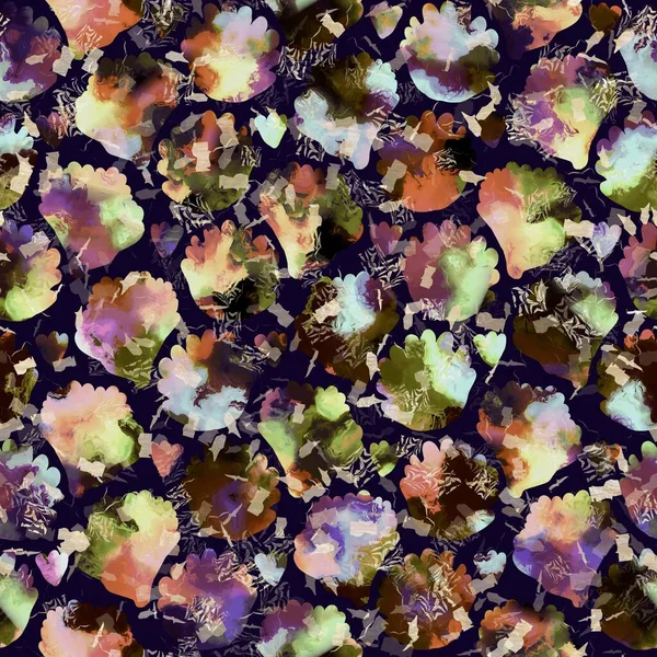 Exotische veelkleurige boho bloemen camouflage scatter print. Naadloze herfst donkere grond gedetailleerde herhaling patroon. — Stockfoto