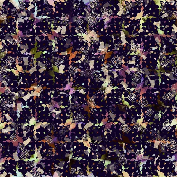 Impression de dispersion de camouflage marbrée boho multicolore exotique. Motif répétitif détaillé sans couture du fond sombre automnal. — Photo