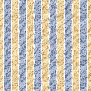 Kusursuz Fransız kırsal mutfak çizgili kumaş deseni. Mavi sarı, beyaz, dikey çizgili arka plan. Batik Boyası Kaynak Stili Kırsal Örgü Cottagecore Tekstili. 