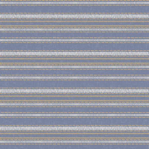 Naadloze Franse land keuken streep stof patroon print. Blauw geel wit horizontaal gestreepte achtergrond. Batik kleurstof herkomststijl rustiek geweven cottagecore textiel. — Stockvector