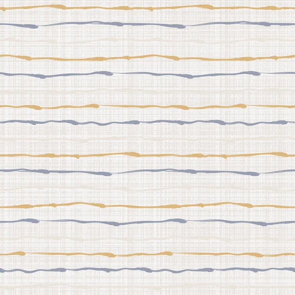 Seamless French country kitchen stripe fabric pattern print. Blue yellow white horizontal striped background. Batik dye provence style rustic woven cottagecore textile. — Stock Vector