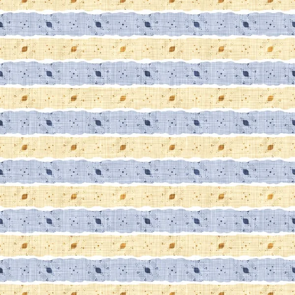 Naadloze Franse land keuken streep stof patroon print. Blauw geel wit horizontaal gestreepte achtergrond. Batik kleurstof herkomststijl rustiek geweven cottagecore textiel. — Stockfoto